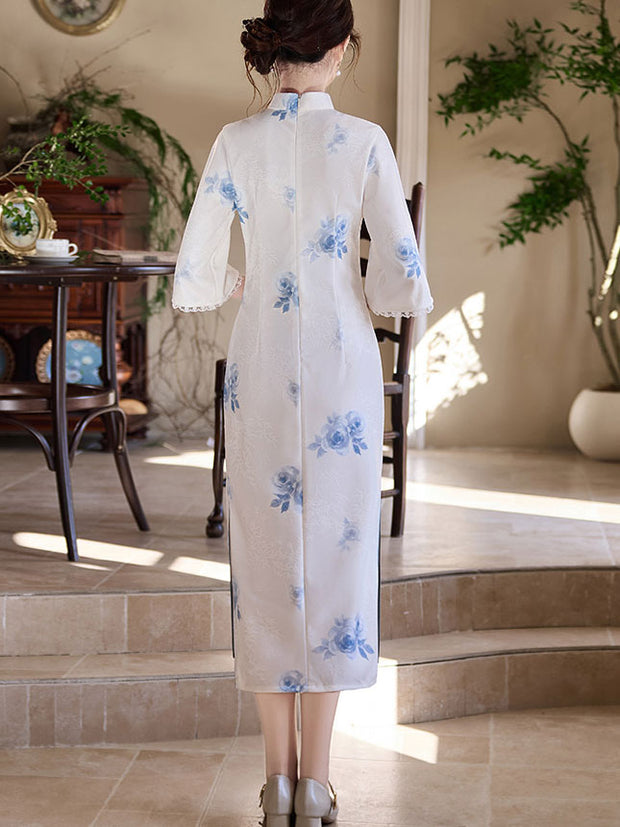 White Floral Bell Sleeve Cheongsam Qipao Dress