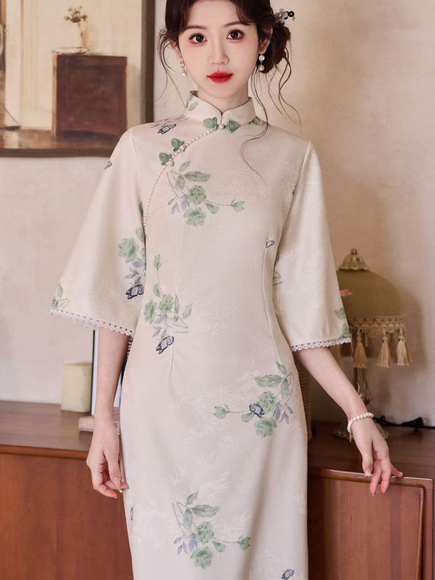 White Floral Bell Sleeve Cheongsam Qipao Dress