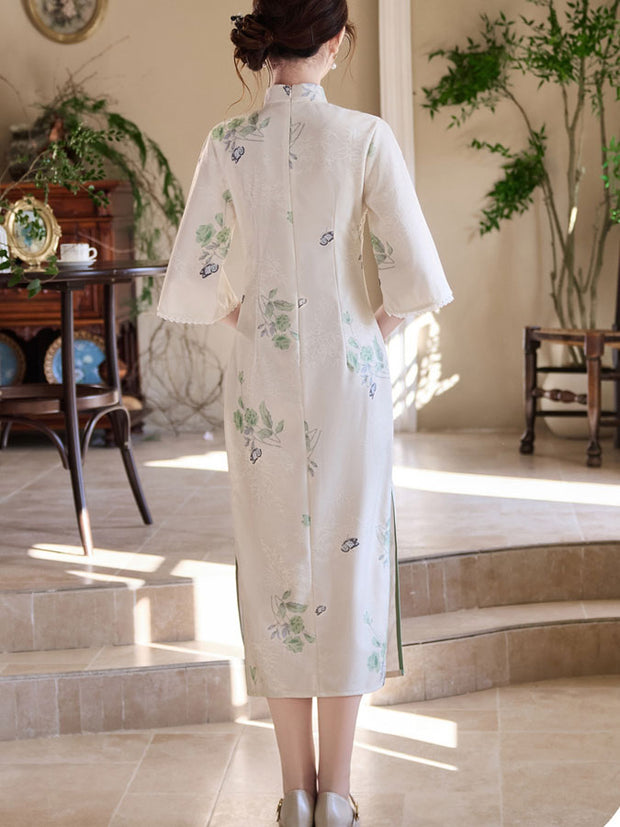 White Floral Bell Sleeve Cheongsam Qipao Dress