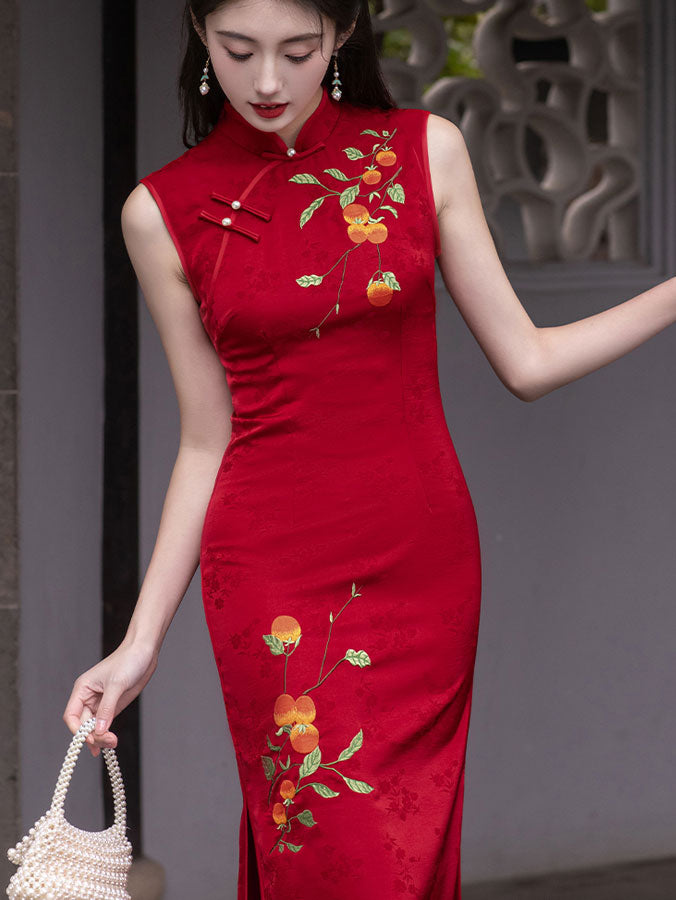 Red Embroidered Persimmon Wedding Cheongsam Qipao Dress