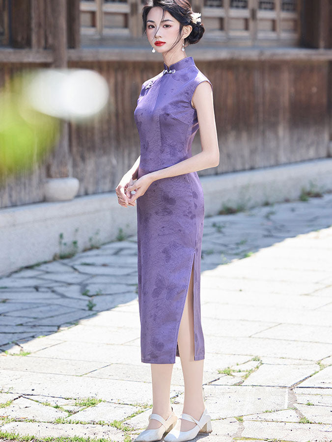 Purple Butterfly Sleeveless Cheongsam Qipao Dress
