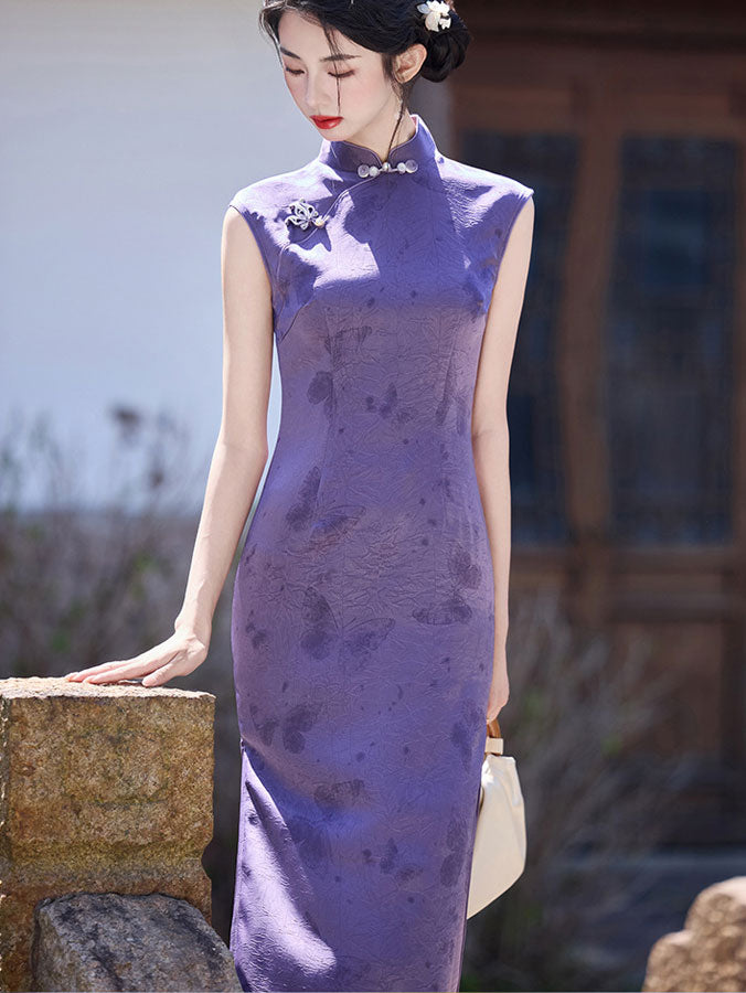 Purple Butterfly Sleeveless Cheongsam Qipao Dress