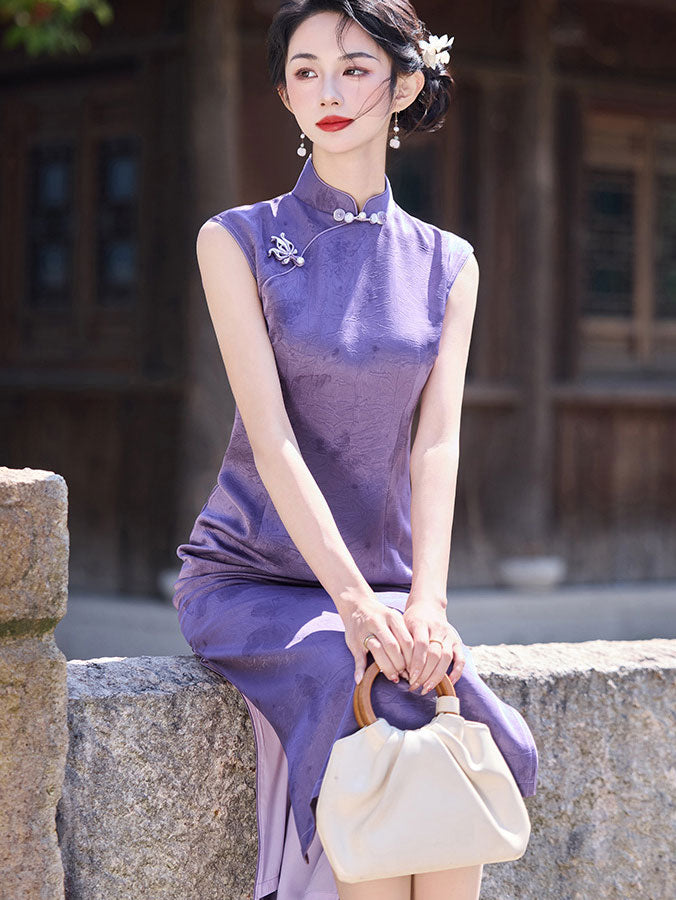 Purple Butterfly Sleeveless Cheongsam Qipao Dress