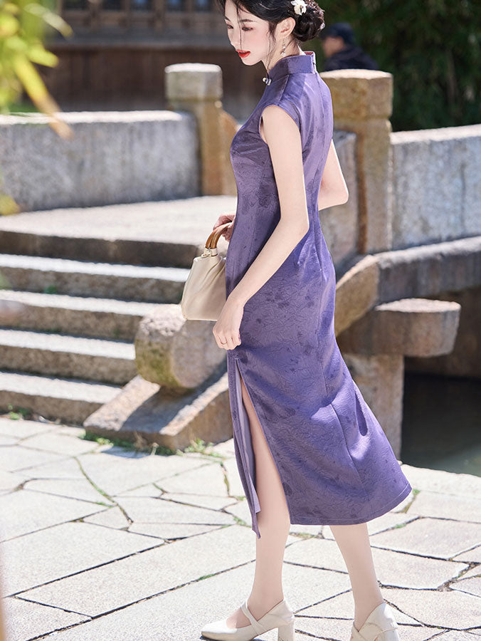 Purple Butterfly Sleeveless Cheongsam Qipao Dress