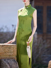 Green Yellow Butterfly Sleeveless Cheongsam Qipao Dress