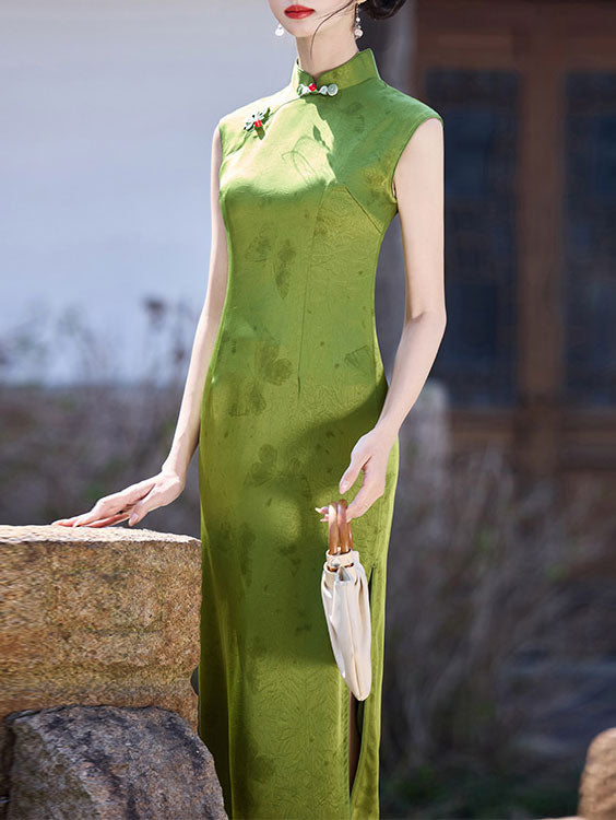 Green Yellow Butterfly Sleeveless Cheongsam Qipao Dress