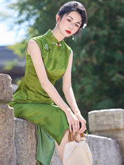 Green Yellow Butterfly Sleeveless Cheongsam Qipao Dress