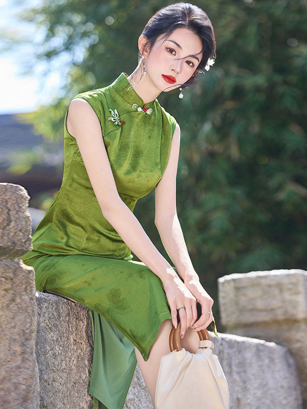 Green Yellow Butterfly Sleeveless Cheongsam Qipao Dress