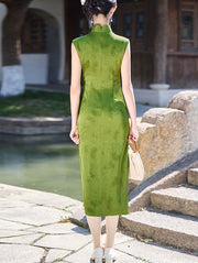Green Yellow Butterfly Sleeveless Cheongsam Qipao Dress