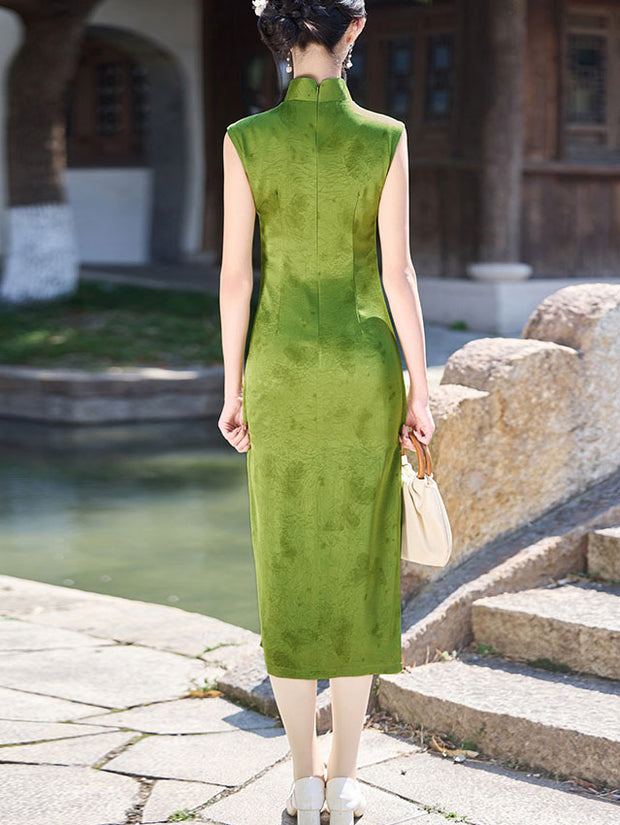 Green Yellow Butterfly Sleeveless Cheongsam Qipao Dress