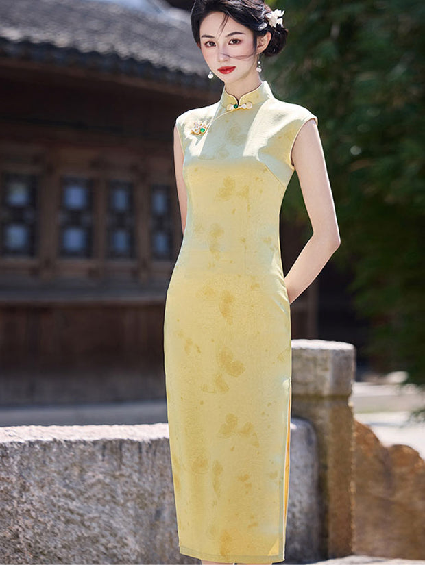 Green Yellow Butterfly Sleeveless Cheongsam Qipao Dress