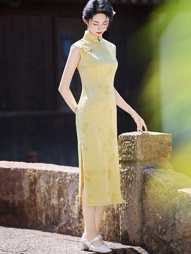 Green Yellow Butterfly Sleeveless Cheongsam Qipao Dress