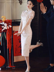 Pink Floral Lace Midi Engagement Cheongsam Qipao Dress
