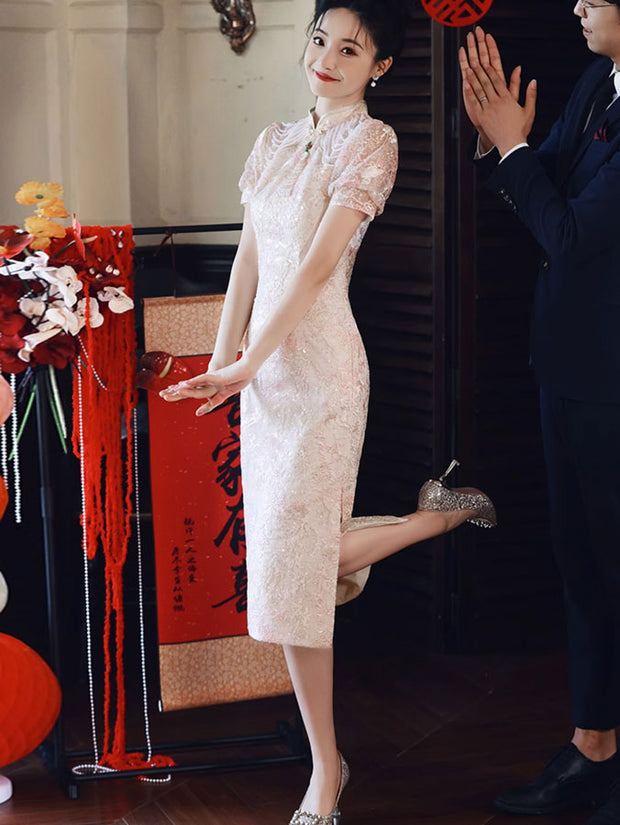 Pink Floral Lace Midi Engagement Cheongsam Qipao Dress