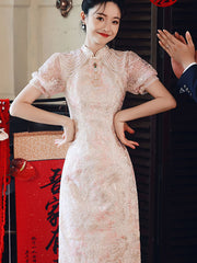 Pink Floral Lace Midi Engagement Cheongsam Qipao Dress