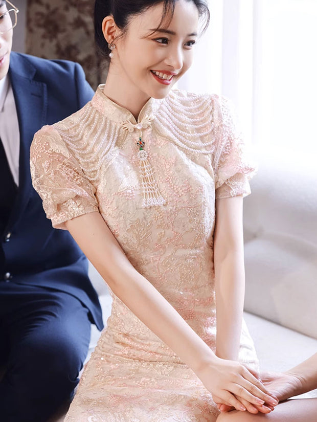 Pink Floral Lace Midi Engagement Cheongsam Qipao Dress