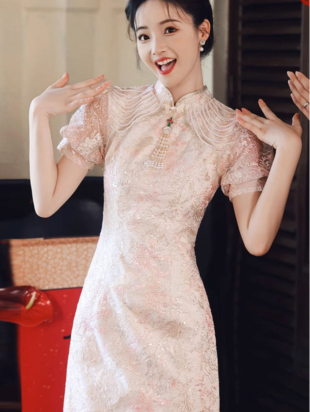 Pink Floral Lace Midi Engagement Cheongsam Qipao Dress