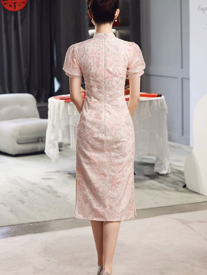 Pink Floral Lace Midi Engagement Cheongsam Qipao Dress