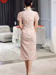 Pink Floral Lace Midi Engagement Cheongsam Qipao Dress