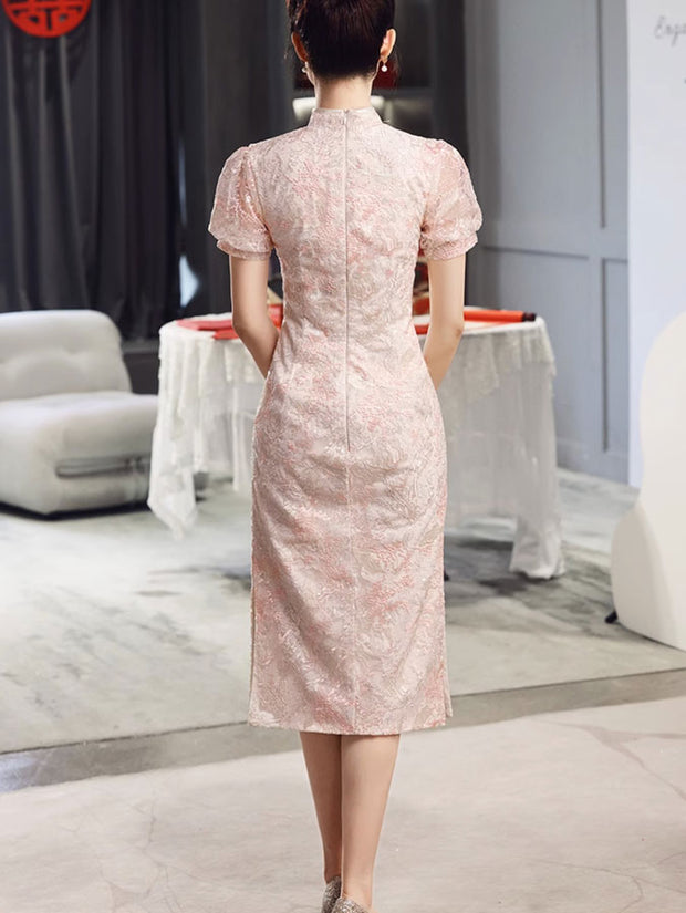 Pink Floral Lace Midi Engagement Cheongsam Qipao Dress