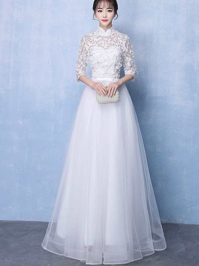 White Tulle Full Length Wedding Qipao Cheongsam Dress