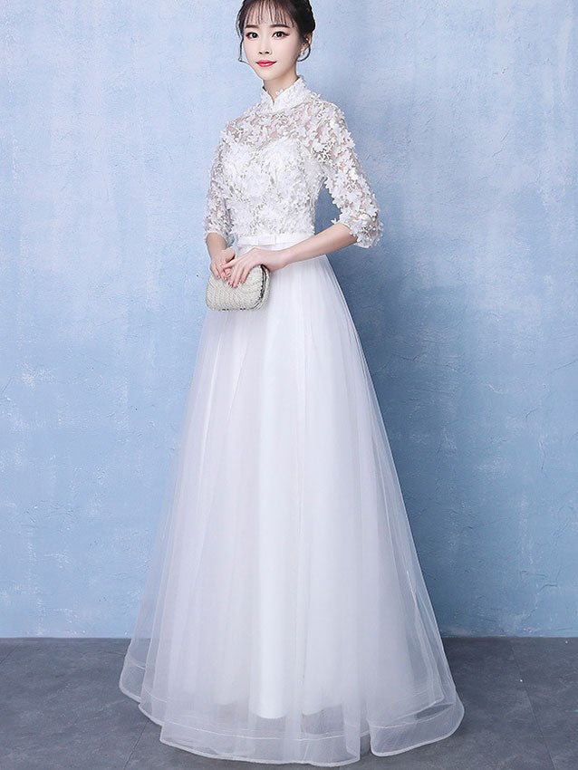 White Tulle Full Length Wedding Qipao Cheongsam Dress