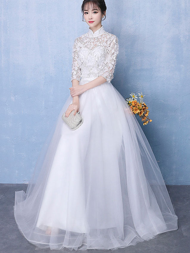White Tulle Full Length Wedding Qipao Cheongsam Dress