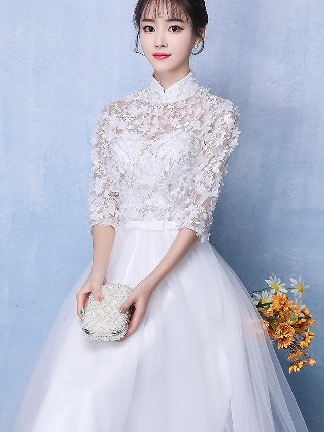 White Tulle Full Length Wedding Qipao Cheongsam Dress