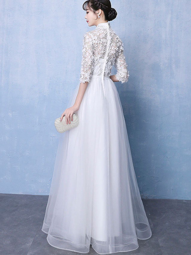 White Tulle Full Length Wedding Qipao Cheongsam Dress