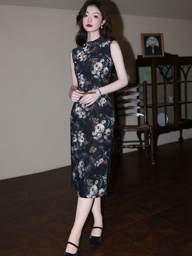 Floral Print Asymmetric Collar Cheongsam Qipao Dress