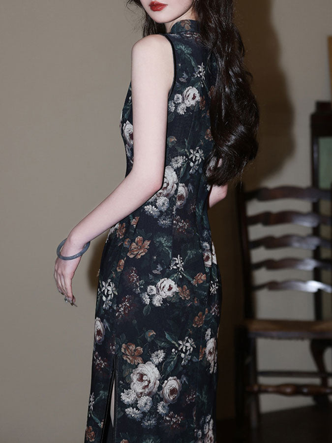 Floral Print Asymmetric Collar Cheongsam Qipao Dress