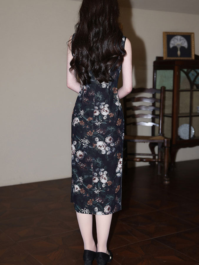 Floral Print Asymmetric Collar Cheongsam Qipao Dress