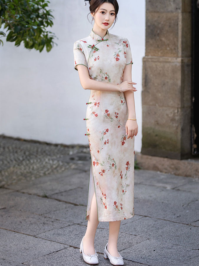 Pink Floral Print Cheongsam Qipao Dress