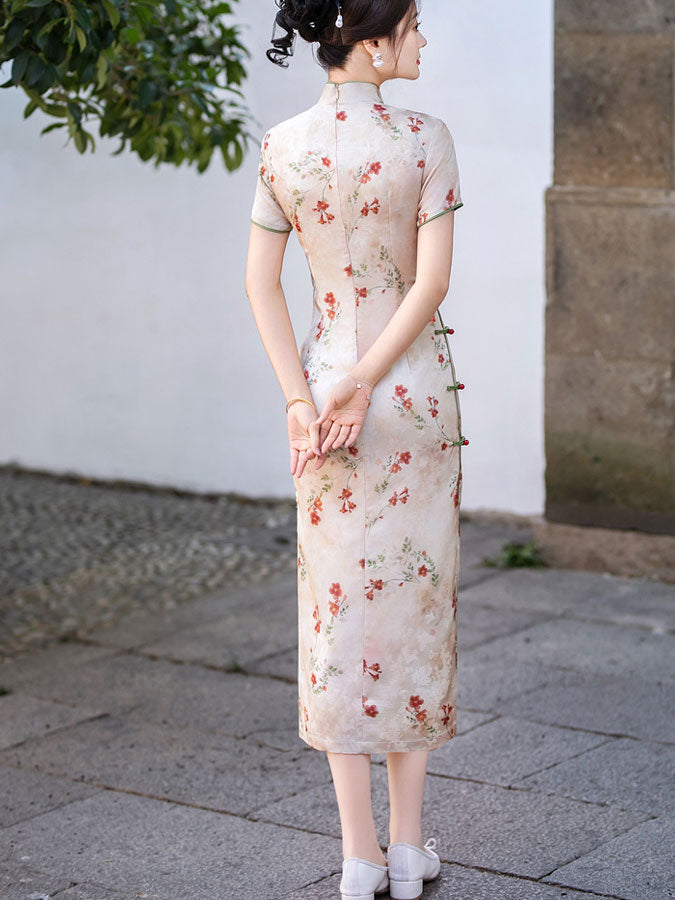 Pink Floral Print Cheongsam Qipao Dress
