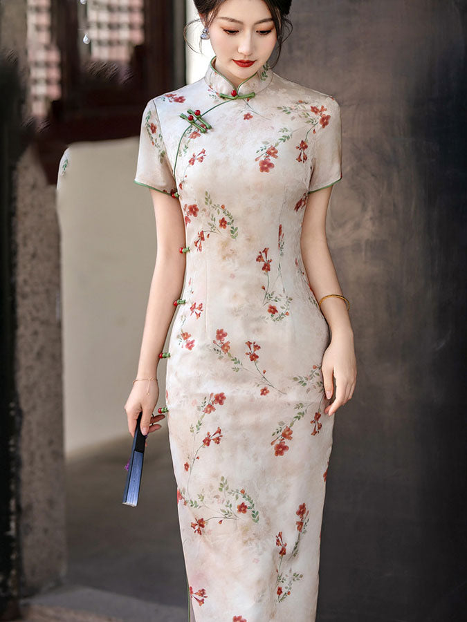 Pink Floral Print Cheongsam Qipao Dress