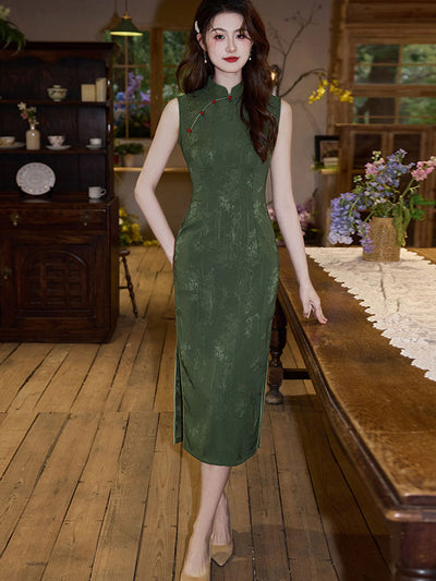 Forest Green Jacquard Cheongsam Qipao Dress