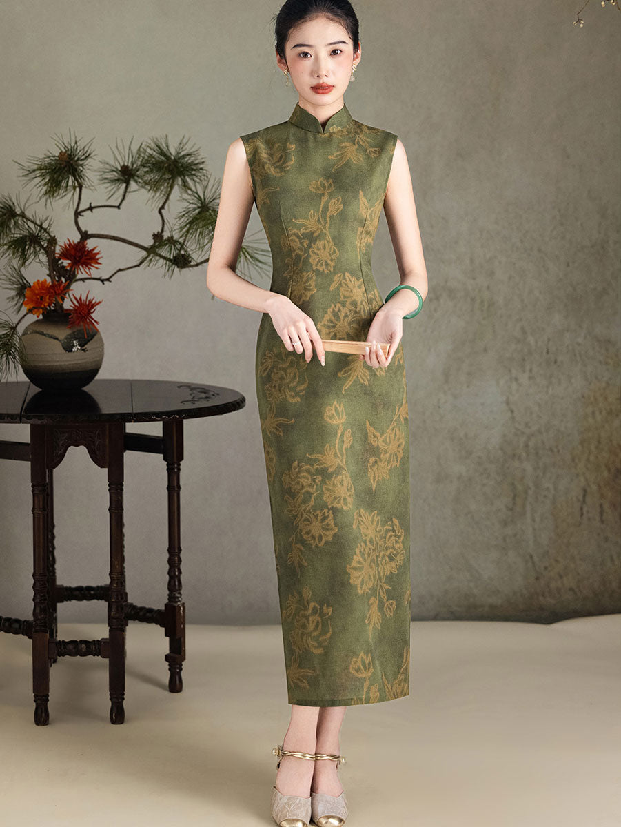Forest Green Floral Maxi Cheongsam Qipao Dress