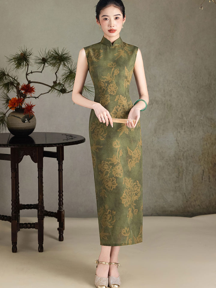 Forest Green Floral Maxi Cheongsam Qipao Dress