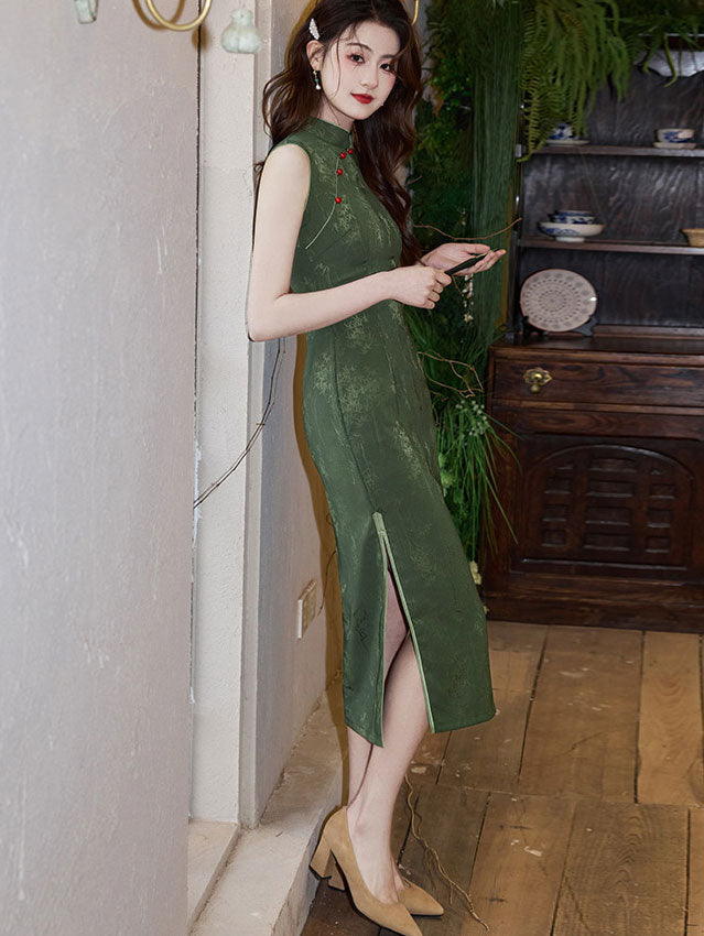 Forest Green Jacquard Cheongsam Qipao Dress