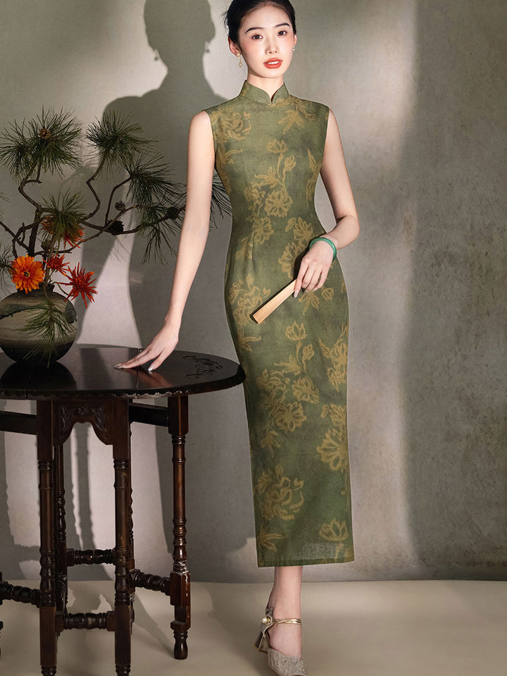 Forest Green Floral Maxi Cheongsam Qipao Dress