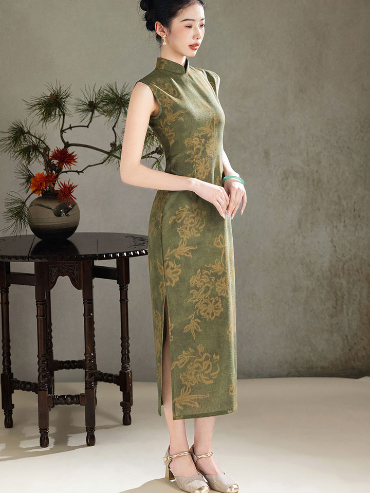 Forest Green Floral Maxi Cheongsam Qipao Dress