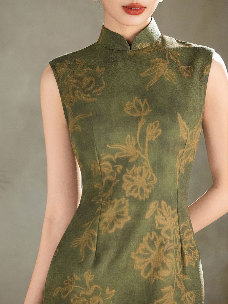 Forest Green Floral Maxi Cheongsam Qipao Dress