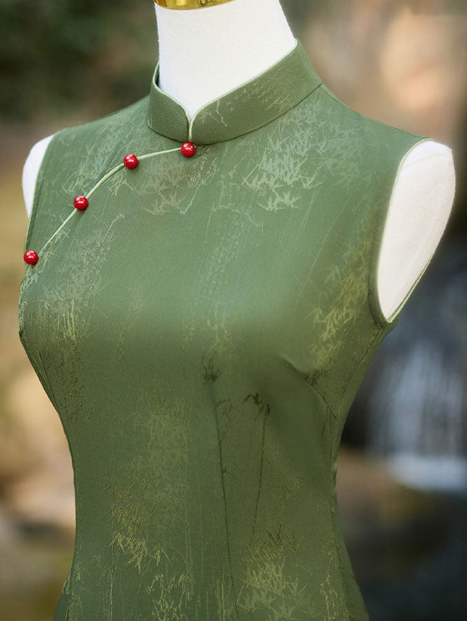 Forest Green Jacquard Cheongsam Qipao Dress