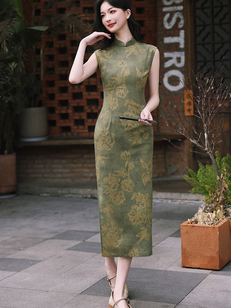 Forest Green Floral Maxi Cheongsam Qipao Dress