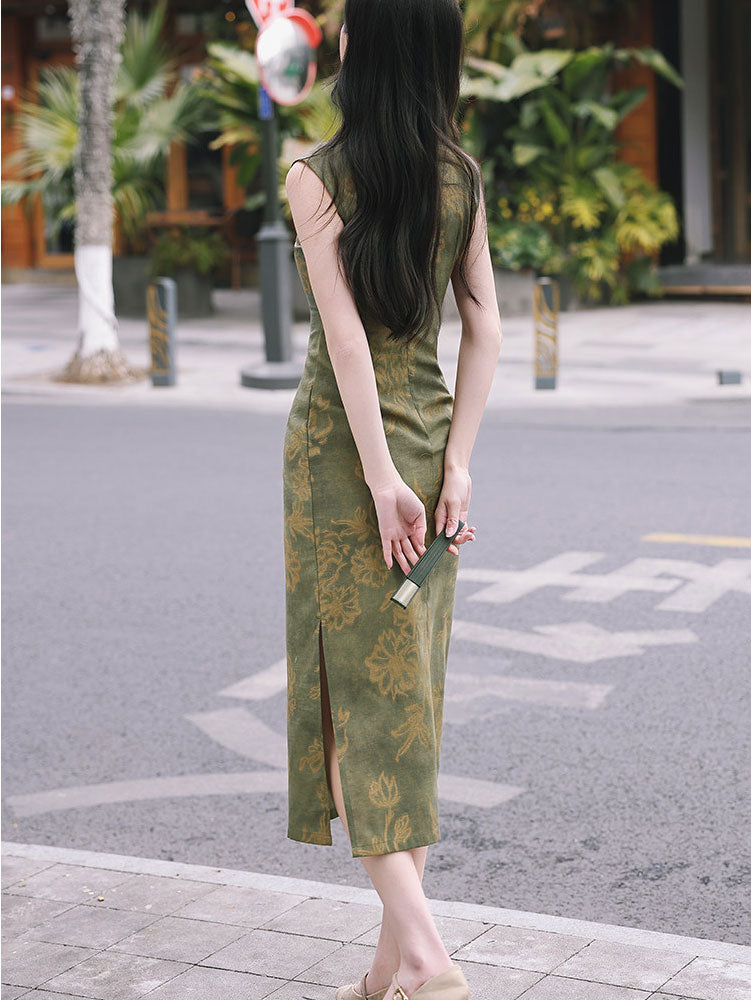 Forest Green Floral Maxi Cheongsam Qipao Dress