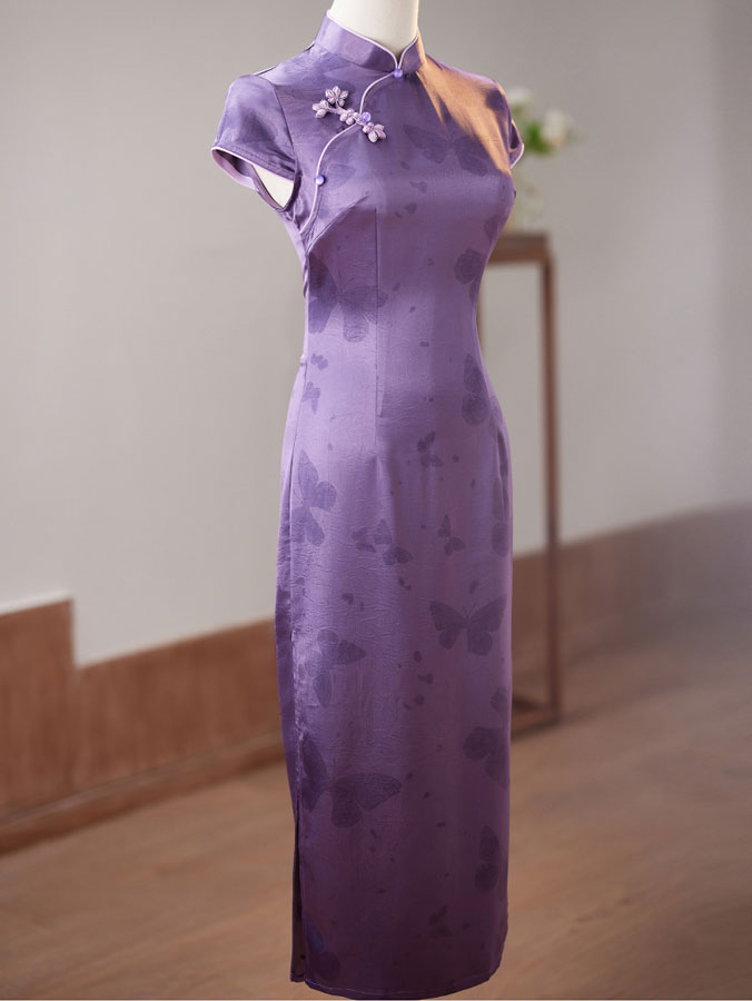 Purple Butterfly Print Cheongsam Qipao Dress