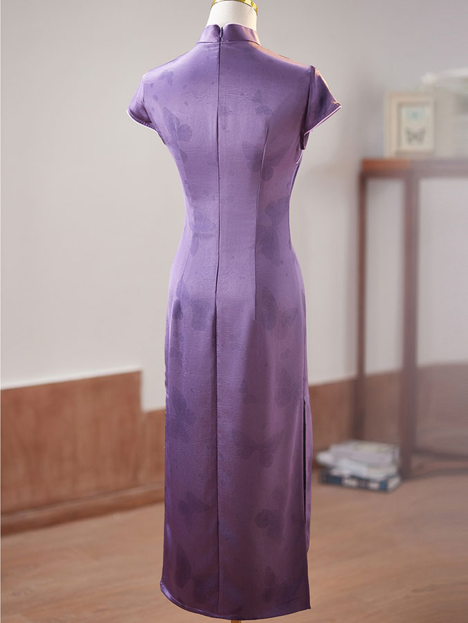 Purple Butterfly Print Cheongsam Qipao Dress