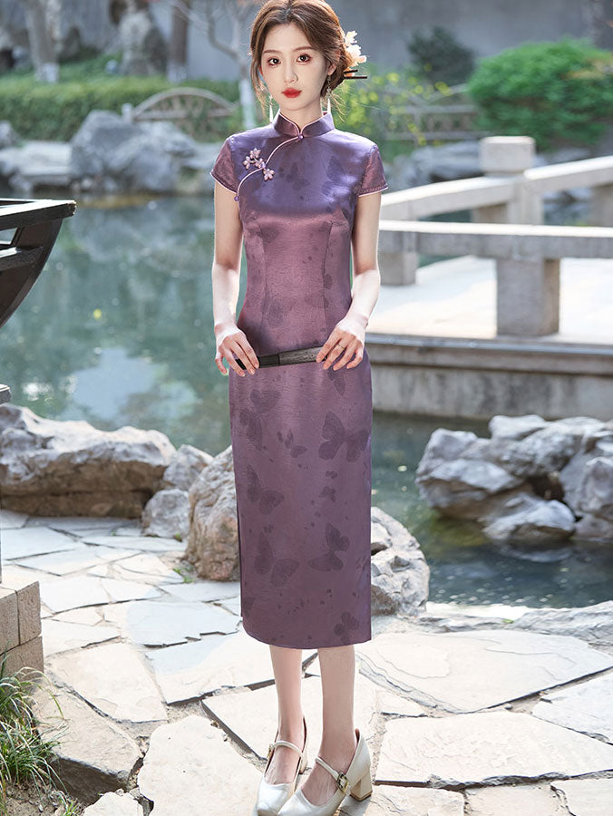 Purple Butterfly Print Cheongsam Qipao Dress