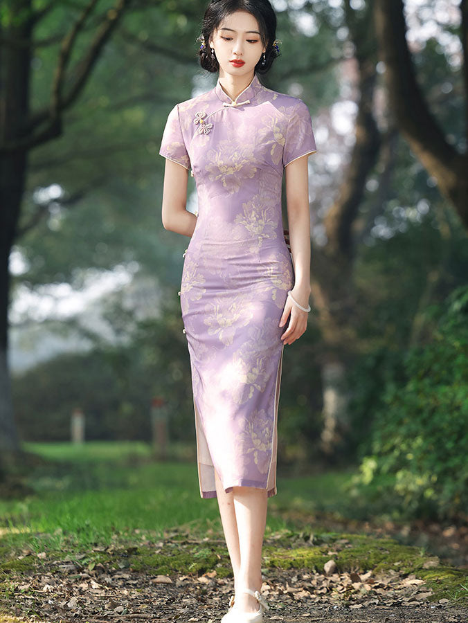 Purple Floral Print Midi Cheongsam Qipao Dress