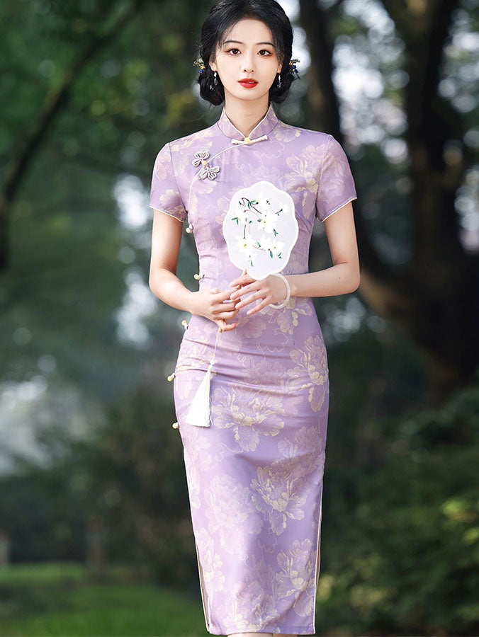 Purple Floral Print Midi Cheongsam Qipao Dress